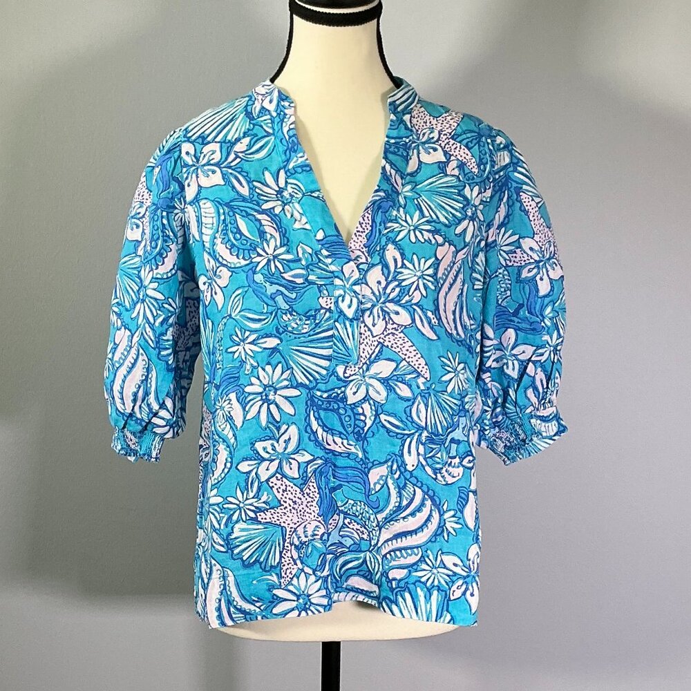 Lilly Pulitzer Mialeigh Women's Size 00 Blue Elbow Sleeve Linen Top